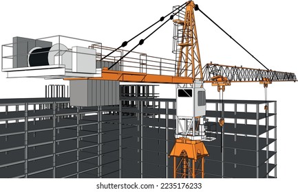 urban construction civil engineering with tower crane and frame structure 3D illustration line sketch colour