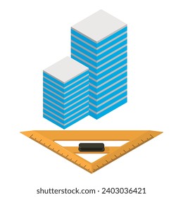 Icono de construcción urbana vector isométrico. Dos rascacielos y un icono de regla triangular. Proyecto de construcción, ingeniería