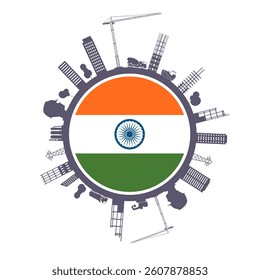 Urban construction innovative skyscrapers currently under development and planning. Tower crane on residential building construction site. Modern townhome building. National flag of India
