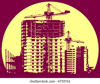 Urban construction with lifting cranes on the rising Sun background