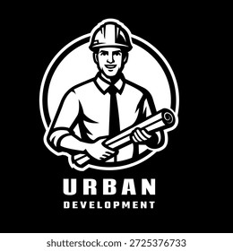 Urban construction logo. A man in a hard hat holding blueprints on dark background.