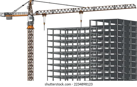 ingeniería de sitios de construcción urbana con grúa de torre y estructura de cuadro 3D color de esbozo de línea de ilustración 3D