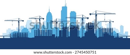 Urban Construction Skyline Illustration, City Development Silhouette with Cranes, Industrial Building Vector Background