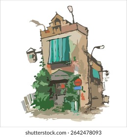 Arquitetura de canto urbano, desenho de construção de rua europeu. Bom para ilustração de livro, capa, cartaz, cartão postal ou cartão de mensagem