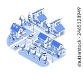 Urban cottage village - vector isometric illustration. Two-story houses for a quiet life away from the noisy city. Unity with nature, summer, trees and flowers. Cozy street, cars and pedestrians