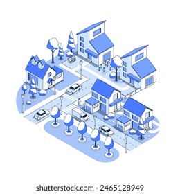 Urban cottage village - vector isometric illustration. Two-story houses for a quiet life away from the noisy city. Unity with nature, summer, trees and flowers. Cozy street, cars and pedestrians