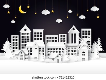 Urban countryside cityscape on night winter landscape scene background.For merry christmas and happy new year paper art style.Vector illustration.