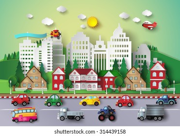  Urban countryside landscape city village .paper art style.