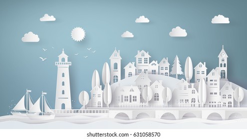 Urban Countryside Landscape City Village And Sea Bay With Sunset,paper Art And  Digital Craft Style.