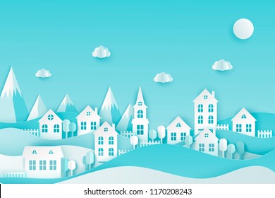 Urban countryside landscape village with cute paper houses, trees, mountains and fluffy clouds. Pastel colored paper cut background