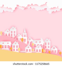 Urban countryside landscape village with cute paper houses, trees and fluffy clouds. Autumn pastel colored paper cut background
