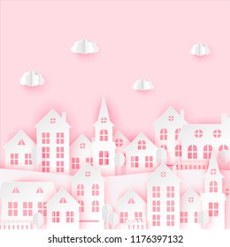 Urban countryside landscape village with cute paper houses and fluffy clouds. Romantic pastel colored paper cut background