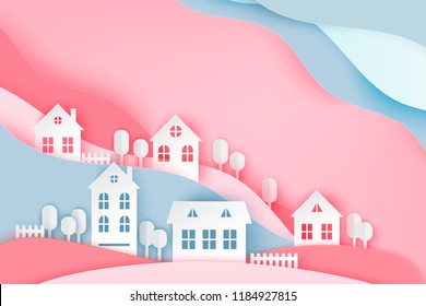 Urban countryside landscape village with cute paper houses, waves and fluffy clouds. Romantic pastel colored paper cut background