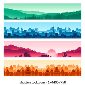 Urban, countryside landscapes silhouettes set. Meadow, megapolis skyline. Old European cityscape