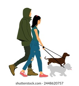 Urban couple in love walking dogs on the leash vector illustration isolated on white background. Owner handsome girl and boy with cute puppy pets. Woman and man enjoy outdoor after work. Woman man. 