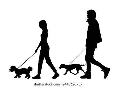 Urban couple in love walking dogs on the leash vector silhouette illustration isolated on white background. Owner handsome girl and boy with cute puppy pets. Woman and man enjoy outdoor after work. 