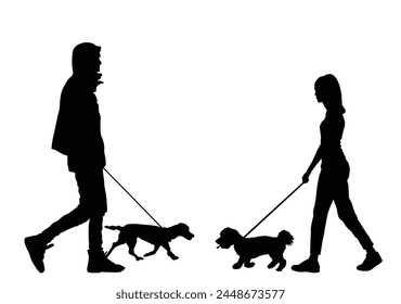 Urban couple in love walking dogs on the leash vector silhouette illustration isolated on white background. Owner handsome girl and boy with cute puppy pets. Woman and man enjoy outdoor after work. 