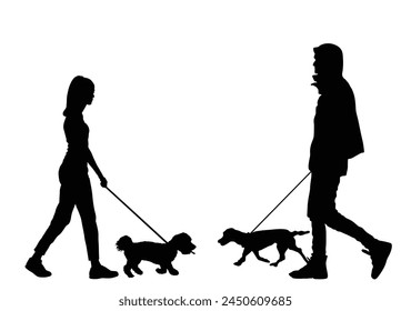 Urbana pareja en el amor caminando perros en la ilustración de silueta de Vector correa aislado sobre fondo blanco. Propietaria guapo chica y chico con mascotas cachorros lindos. Mujer y hombre disfrutan al aire libre después del trabajo. 