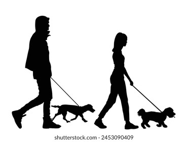 Urban couple in love walking dogs on the leash vector silhouette illustration isolated. Owner handsome girl and boy with pets. Woman and man enjoy outdoor after work. Girlfriend and boyfriend outdoor.