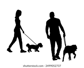 Urban couple in love walking dogs on the leash vector silhouette illustration isolated. Owner handsome girl and boy with pets. Woman and man enjoy outdoor after work. Girlfriend and boyfriend outdoor.