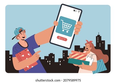 Städtisches Ehepaar online in flacher Illustration einkaufen. Junge, der auf seinem Handy zeigt, woher sein Kauf stammt, und Mädchen beiseite, dass er eine Handvoll Geschenke und Taschen auf der Stadtlandschaft hält