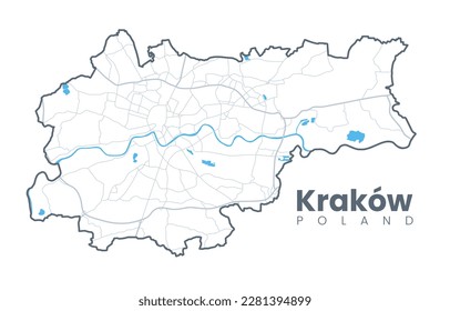 Urban Cracow map. Detailed map of Kraków (Cracovia), Poland. City poster with streets and Wisła (Vistula) River. Light stroke version.