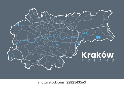 Urban Cracow map. Detailed map of Kraków (Cracovia), Poland. City poster with streets and Wisła (Vistula) River. Light stroke version on dark background.