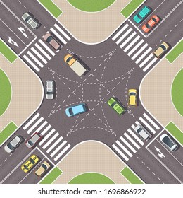 Urban crossroad with cars and pedestrian paths. City intersection with pedestrian zebra lines. Top view of crossroads. Cityscape landscape from above. Vector Illustration