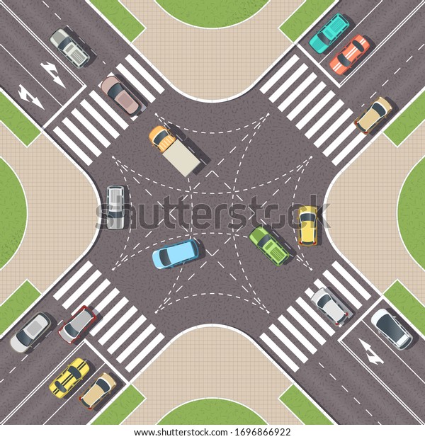 Urban crossroad with cars
and pedestrian paths. City intersection with pedestrian zebra
lines. Top view of crossroads. Cityscape landscape from above.
Vector Illustration