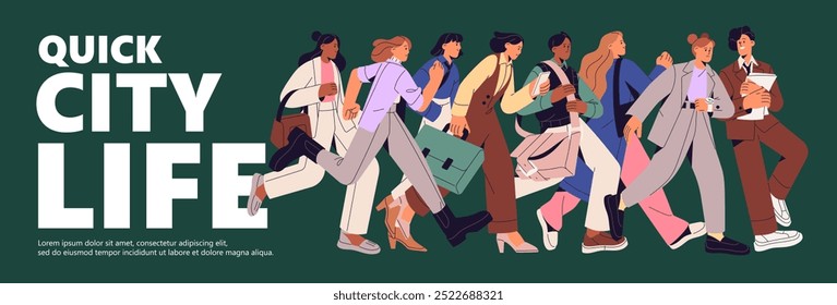 Urban crowd rushing about businesses. Busy people with quick lifestyle hurry to meet deadlines. Employees urgent runs to work. Web banner with concept of fast city life. Flat vector illustration