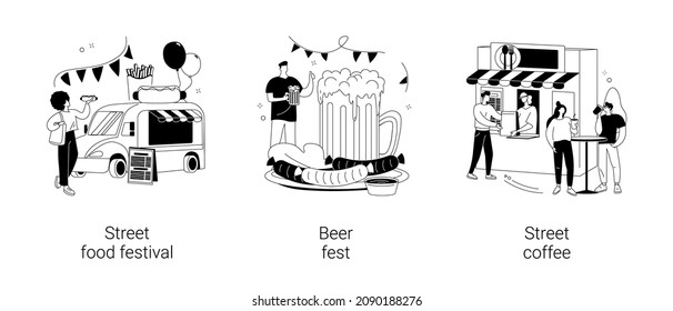 Urban culinary event abstract concept vector illustration set. Street food festival, beer fest, street coffee, food truck, hot drinks, craft brewing, neighbourhood entertainment abstract metaphor.