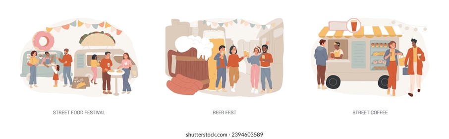 Urban culinary event isolated concept vector illustration set. Street food festival, beer fest, street coffee, food truck, hot drinks, craft brewing, neighbourhood entertainment vector concept.