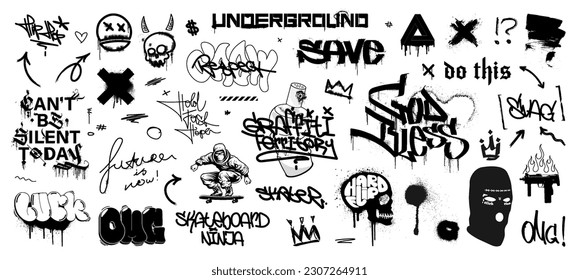 Urban culture art, graffiti, tags, lettering, gothic calligraphy. Isolated street art graphic box with spray effect, spatter and dripping paint. 3D graffiti, Hiphop urban style for streetwear. Vector