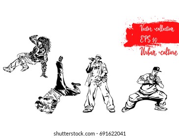 Urban culture. Set of illustrations with representatives of Urban Culture. Break-dancers and rapers. Extreme theme modern print. Vector design elements. Isolated on white