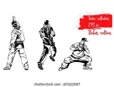 Urban culture. Set of illustrations with representatives of Urban Culture. Rapers and graffiti artist. Extreme theme modern print. Vector design elements. Isolated on white