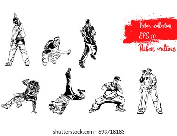 Urban culture. Set of illustrations with representatives of Urban Culture. Break dancers, rapers and graffiti artists. Extreme theme modern print. Vector design elements. Isolated on white