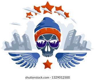 Urban culture style skull in sunglasses vector logo or emblem, gangster or thug illustration, anarchy chaos hooligan, ghetto theme.