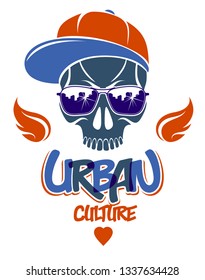 Urban culture style skull in sunglasses vector logo or emblem, gangster or thug illustration, anarchy chaos hooligan, ghetto theme.