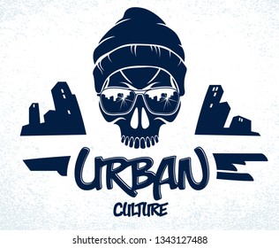 Urban culture style skull in sunglasses vector logo or emblem, gangster or thug illustration, anarchy chaos hooligan, ghetto theme.