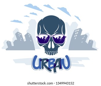 Urban culture style skull in sunglasses vector logo or emblem, gangster or thug illustration, anarchy chaos hooligan, ghetto theme.