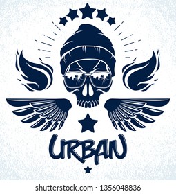 Urban culture style skull in sunglasses vector logo or emblem, gangster or thug illustration, anarchy chaos hooligan, ghetto theme.