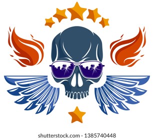 Urban culture style skull in sunglasses vector logo or emblem, gangster or thug illustration, anarchy chaos hooligan, ghetto theme.