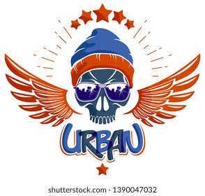 Urban culture style skull in sunglasses vector logo or emblem, gangster or thug illustration, anarchy chaos hooligan, ghetto theme.