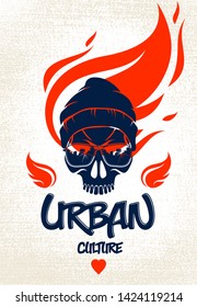 Urban culture style skull in sunglasses vector logo or emblem, gangster or thug illustration, anarchy chaos hooligan, ghetto theme.