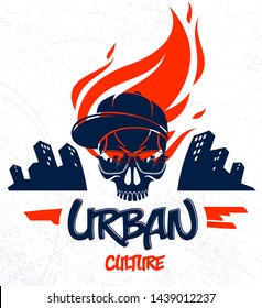 Urban culture style skull in sunglasses vector logo or emblem, gangster or thug illustration, anarchy chaos hooligan, ghetto theme.