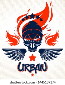 Urban culture style skull in sunglasses vector logo or emblem, gangster or thug illustration, anarchy chaos hooligan, ghetto theme.