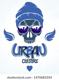 Urban culture style skull in sunglasses vector logo or emblem, gangster or thug illustration, anarchy chaos hooligan, ghetto theme.