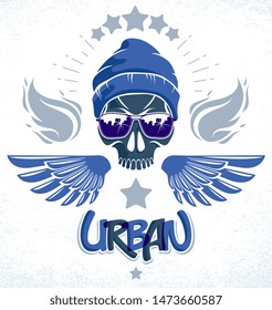 Urban culture style skull in sunglasses vector logo or emblem, gangster or thug illustration, anarchy chaos hooligan, ghetto theme.