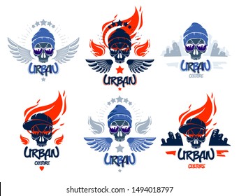 Urban culture style skull in sunglasses vector logos or emblems set, gangster or thug illustrations, anarchy chaos hooligan, ghetto theme.