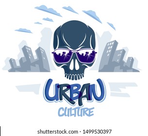 Urban culture style skull in sunglasses vector logo or emblem, gangster or thug illustration, anarchy chaos hooligan, ghetto theme.